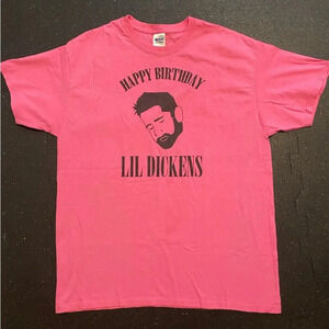 Men Pink Graphic T-Shirt Large Short Sleeve Happy Birthday Lil Dickens